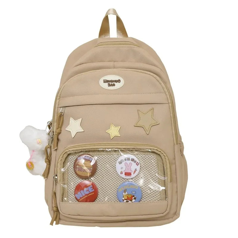 Casual Transparent Badge Large Capacity Commuter Backpack Suitable for Middle School Students Cute School Style Double Shoulder