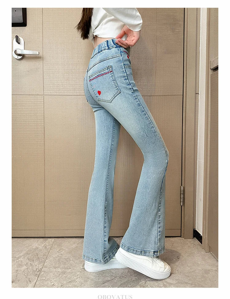 Child Slim Close-fitting Heart Pattern Flared Jeans For Girls Elegant Boot Cut Denim Leggings Pants Kids Fashion Jeans Trousers