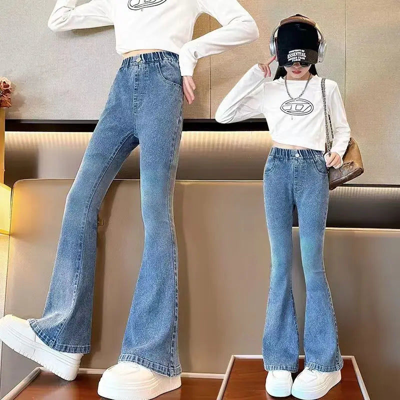 Kids Classic Vintage Blue Flared Jeans for Teens Girl Fashion Bootcut Denim Pants Tweens Child Casual Boot Cut Jeans Trousers