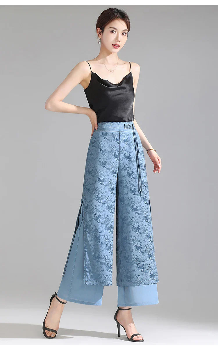 Chiffon Wide Wide Trousers Female Elegant Vintage New Pants Summer Thin Split Loose Skirt Pants Women Black Green