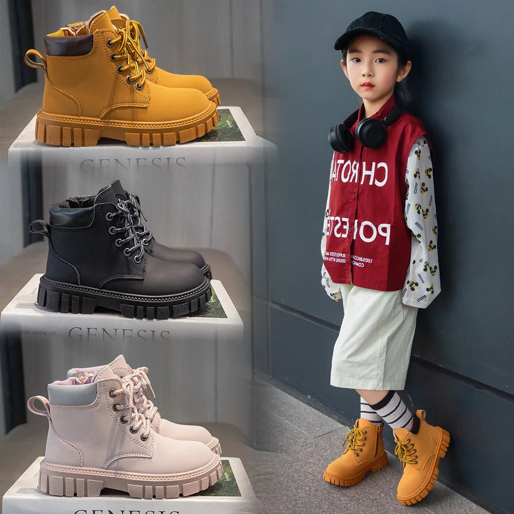 Fashion Boy Girl Short Boots Non-Slip British Style Boots Children's Side Zipper Design Single Boots Leather Boots Anti-skid