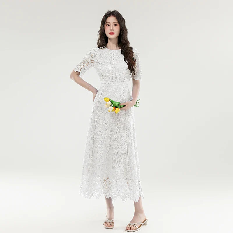 High Quality Lace Hollow Out Women Long Elegant Office Dress Summer French Chic Casual Vintage Purple Short Sleeve A-line Dress