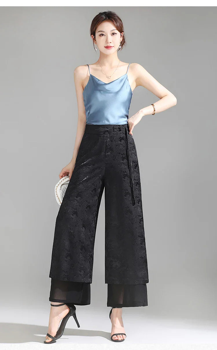 Chiffon Wide Wide Trousers Female Elegant Vintage New Pants Summer Thin Split Loose Skirt Pants Women Black Green