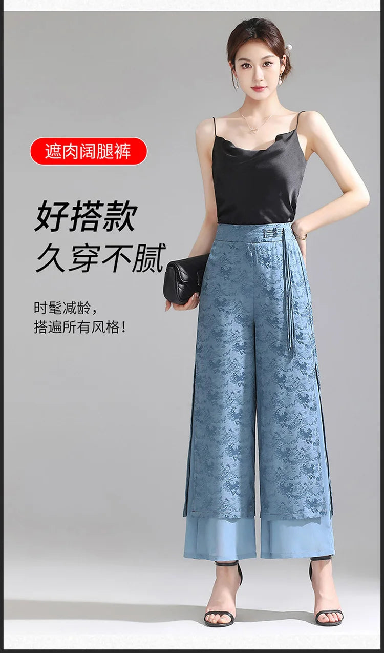 Chiffon Wide Wide Trousers Female Elegant Vintage New Pants Summer Thin Split Loose Skirt Pants Women Black Green