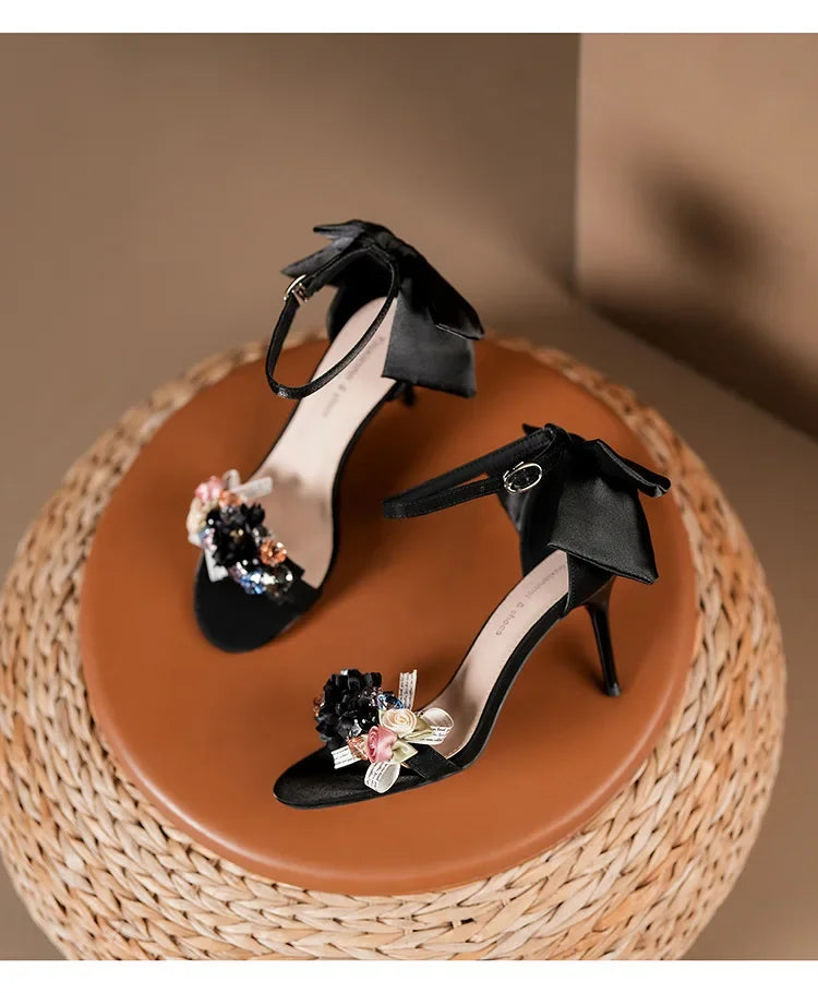 Summer Fashion Shoes Woman Pumps Open Toe Satin Flower Bow Buckle High Heels Ladies Sandals Women's Dress Wedding Party Shoes