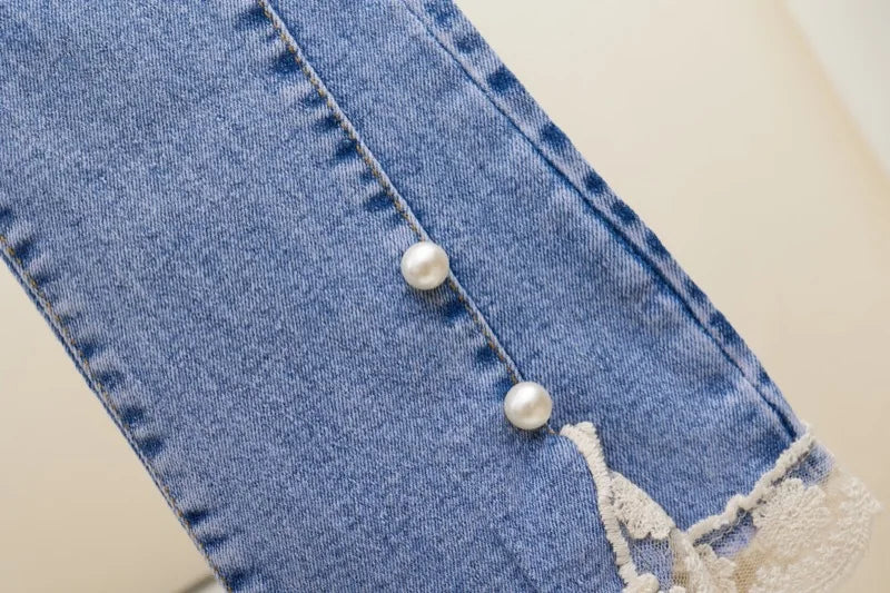 Girls' Jeans Spring and Autumn New Casual 3-12 Year Old Children's Loose Flare Pants Lace Pearl Girls' Denim Pants