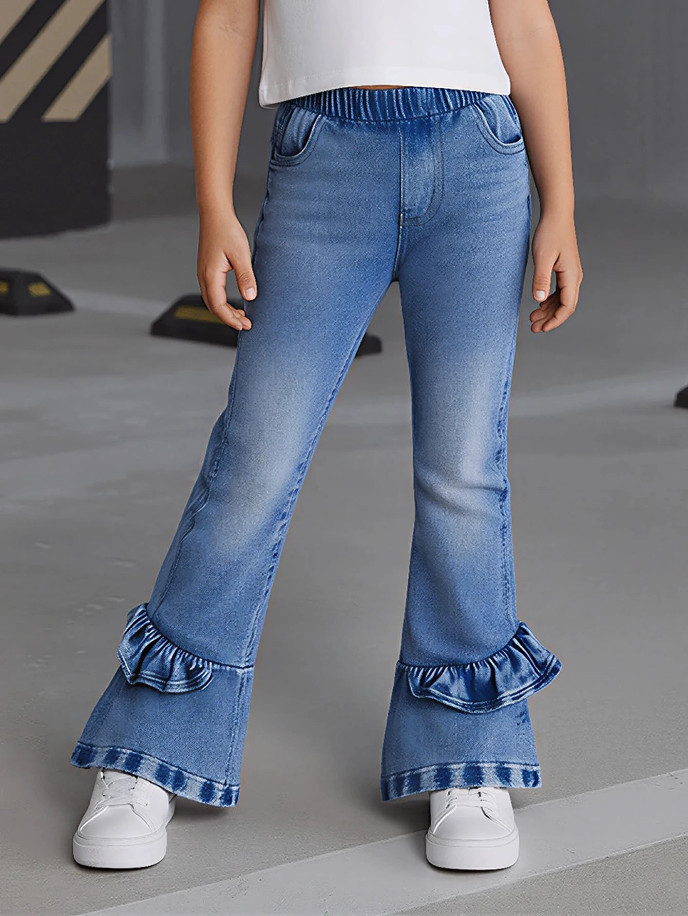 Girls' Trendy Flared Jeans - Ruffle Detail & Comfortable Elastic Waist