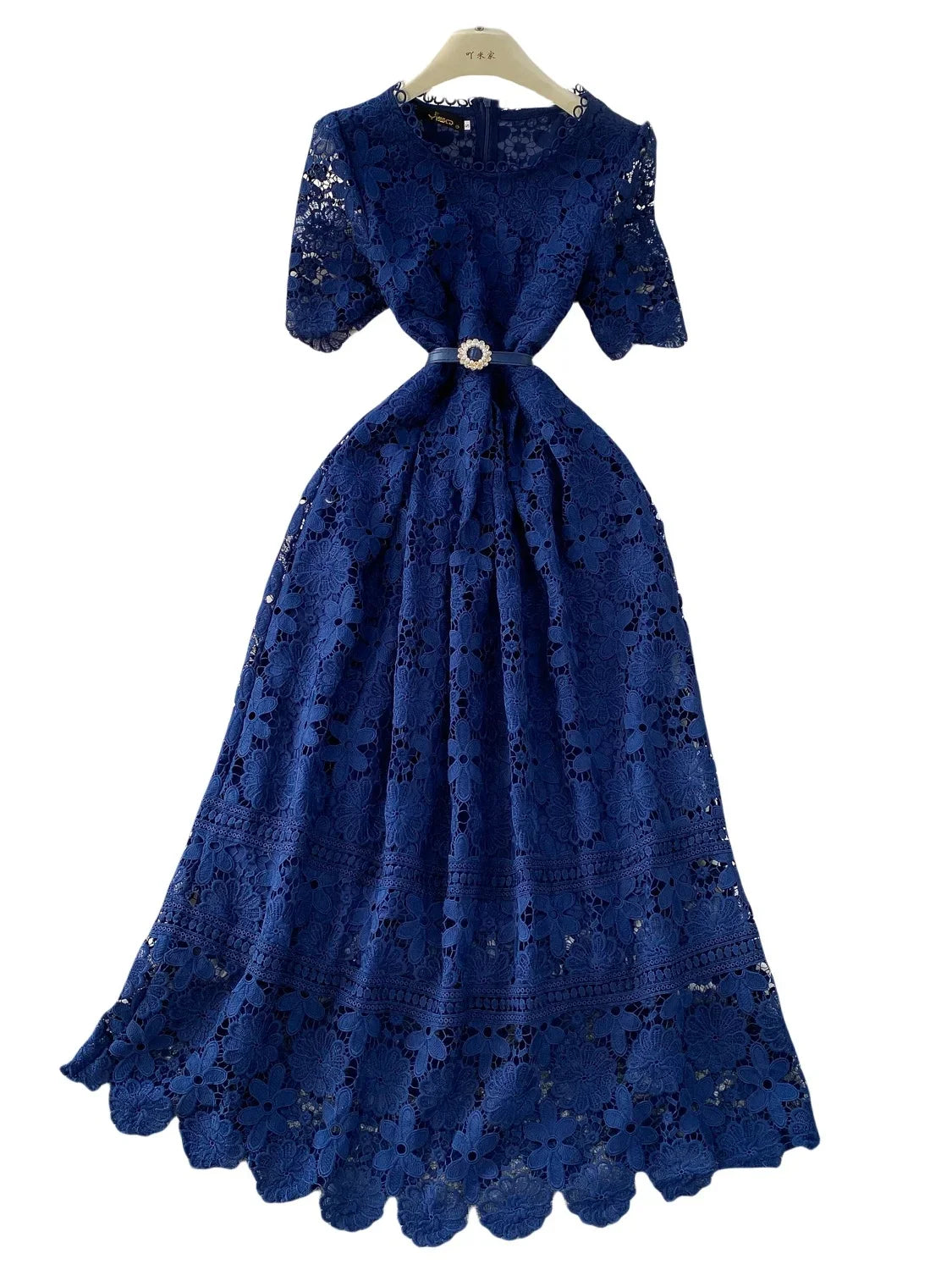 Brand Design Summer Embroidery Lace Long Dress Women Hollow Out Short Sleeve Midi Dresses Lady Belt Prom Evening Party Vestidos