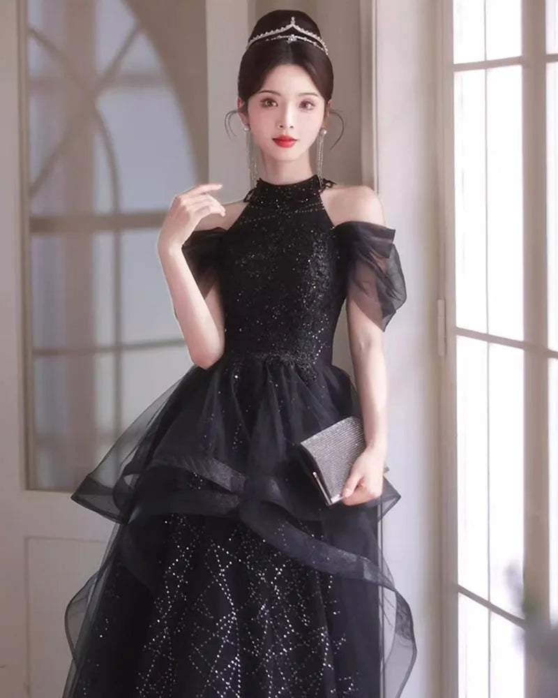 Evening Dresses Luxury 2026 Black Halter Evening Dress Corset Bodice Sequin Tulle Puffy Gown For Gala & Quinceanera