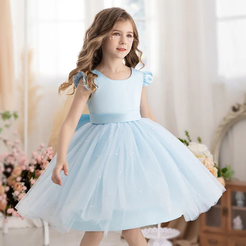 Baby Girl Party Dress Back Bow Elegant Flying Sleeve Mesh Tutu Dress with Pearl Solid Flower Girl Wedding Dress Birthday Gowns
