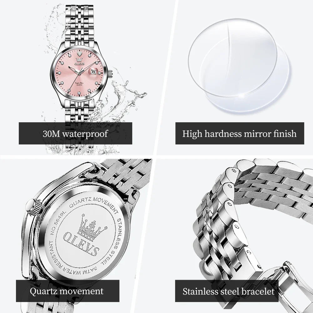 OLEVS Women's Watches 5649L Trend Fashion Original Quartz Watch for Lady Stainless Steel Strap Waterproof Luminous Date Elegant
