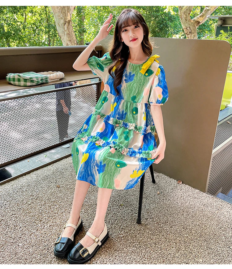 Summer Dress Girl Korean Style Sweet Floral Print Casual Kids Ruched Dresses Toddler Girls Clothes 4 5 6 7 8 9 10 12 14 Year Old