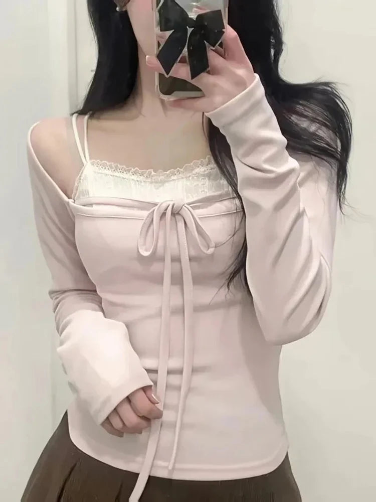 Hot sweet Slash Neck Lace Up Long Sleeve T-shirt Women Autumn New Solid Slim Fit Basic Crop Top Sexy Y2k Aesthetic Tees