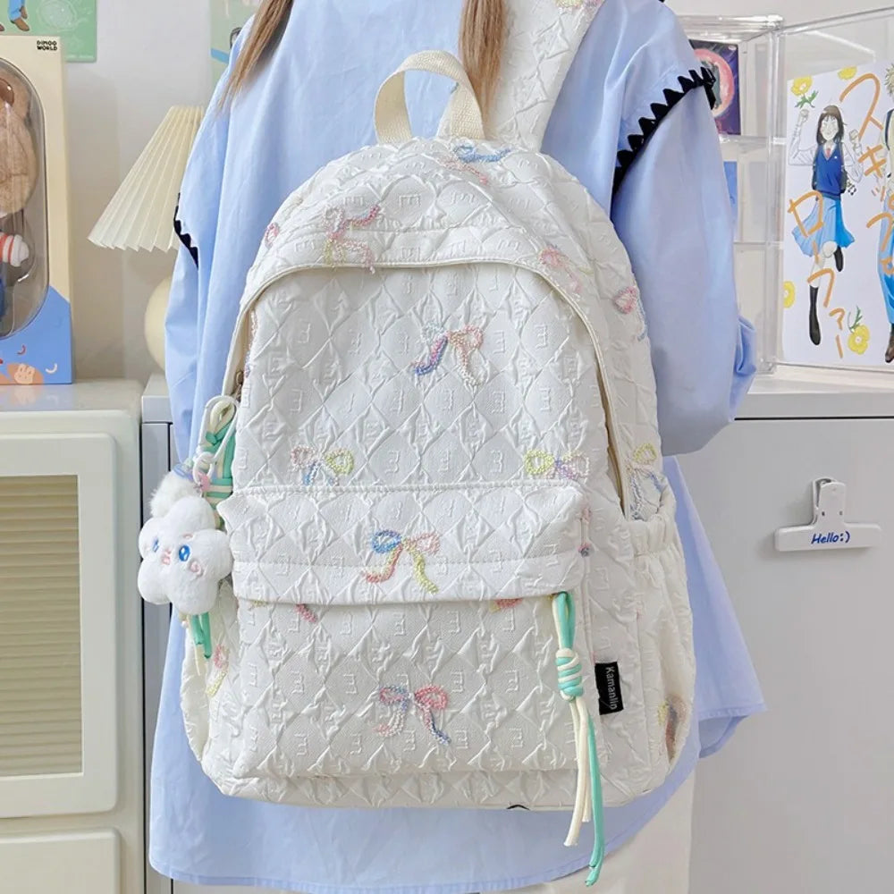Fashion Embroidered Bow Backpack Nylon Large Capacity Students Schoolbag Multiple Pockets Wear-resistant Travel Rucksack