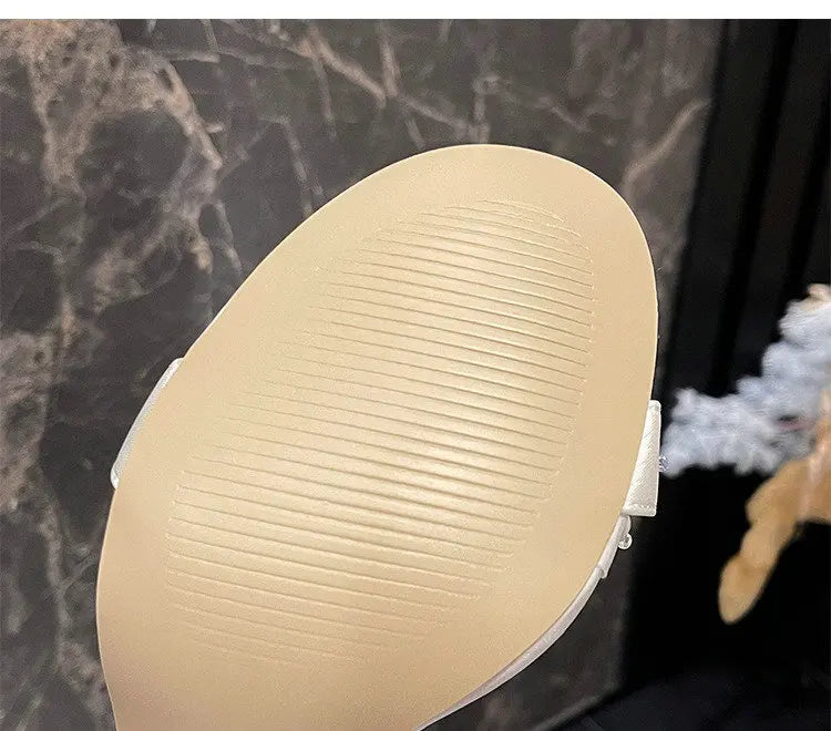 2025 New Style Thick Heel Line With Round Head Large Size Sandals Pearl Buckle High Heel White Bridal Wedding Shoes For Female