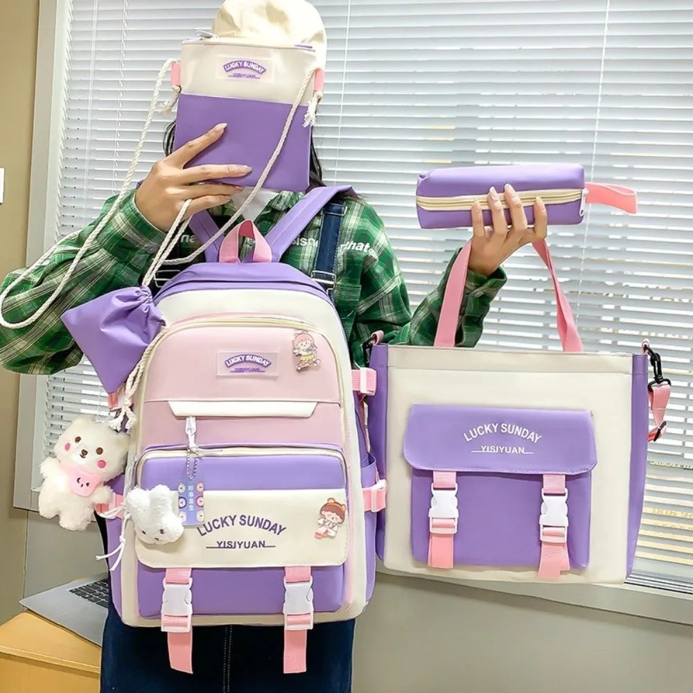 5 Pcs Cute Large Capacity Backpack Set Multifunctional Breathable Student Schoolbag Buckle Coin Purse School