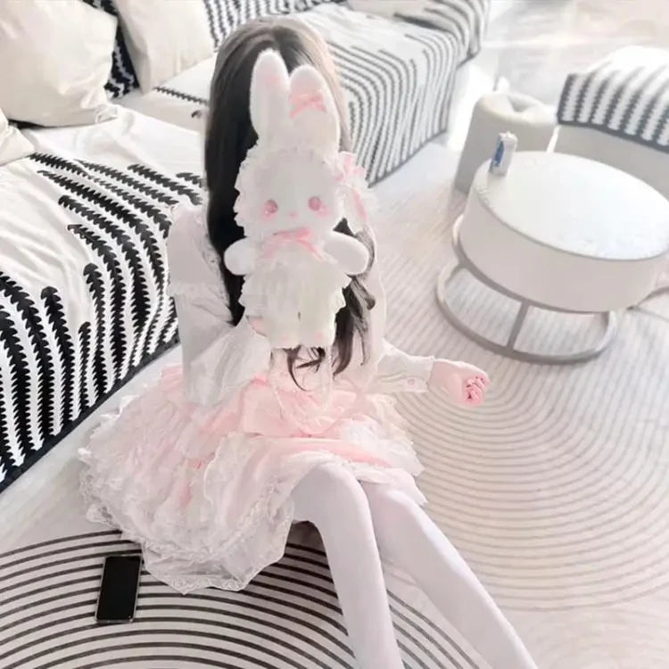 Kawaii Lolita Rabbit Shoulder Bag Cute Plush Crossbody Bag Y2K Girl Accessories Dolls Toys Pearl Chain Strap Makeup Bag