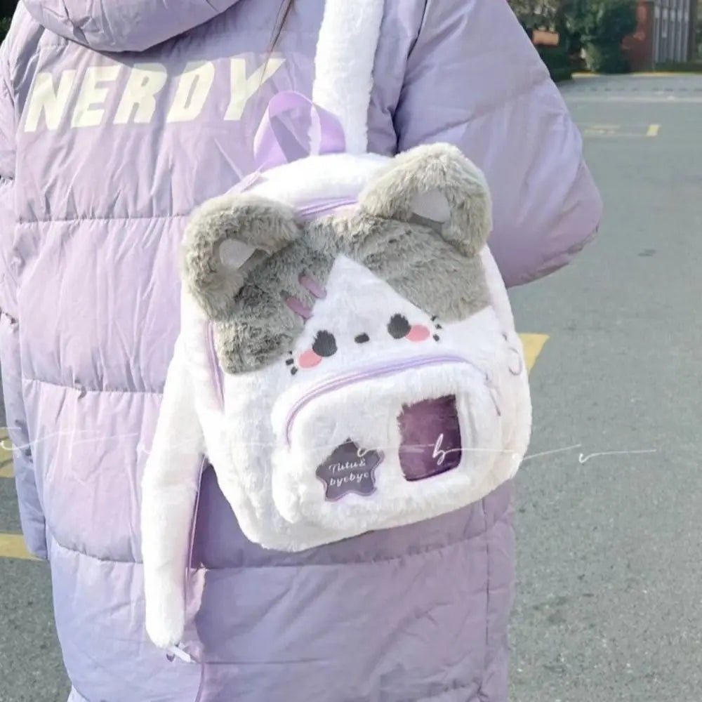 Cute Cat Women Backpack Plush Fluffy Kawaii Small Cartoon Idol Photocard Pouch Itabag Students Lolita Jk Daily Female Bag