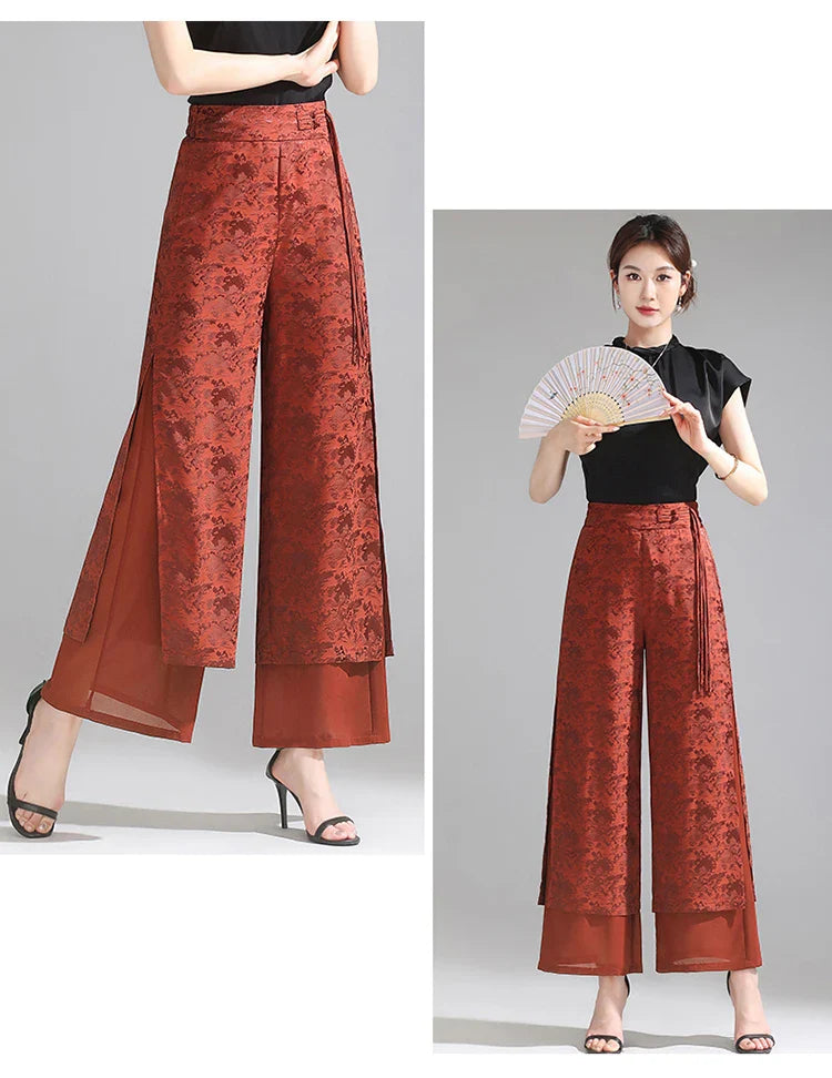 Chiffon Wide Wide Trousers Female Elegant Vintage New Pants Summer Thin Split Loose Skirt Pants Women Black Green
