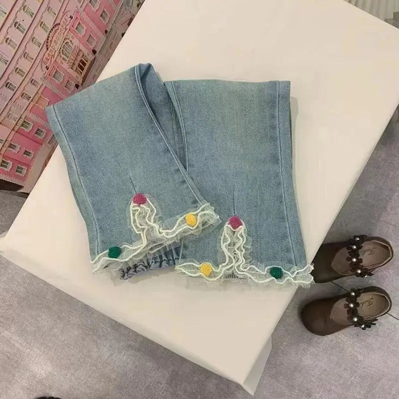 New Spring Kids Jeans Children Cute Bow Lace Denim Blue Pants Girls Embroidered Daisy Trousers