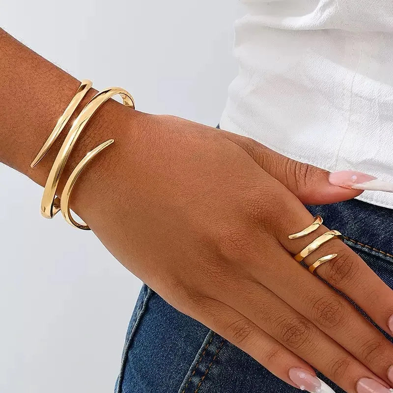 Stainless Steel Water Drop Bangle Ring Set for Women Luxury Geometric Teardrop Open WristCuff Irregular Twisted Bracelet Jewelry
