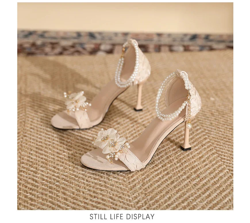 Small Size 31 -43 Women Peep Toe Sandals Wedding Heels Wide Fat Feet Shoes for Women Pearl Flower Bridal Shoes Zaptos Mujer