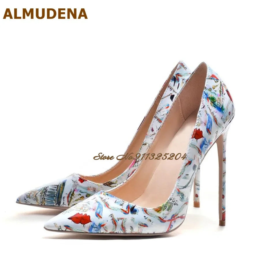 ALMUDENA White Patent Leather Eiffel Tower Red Lips Printed Wedding Shoes 12cm Sky High Heel Pointed Toe Slip-On Banquet Pumps