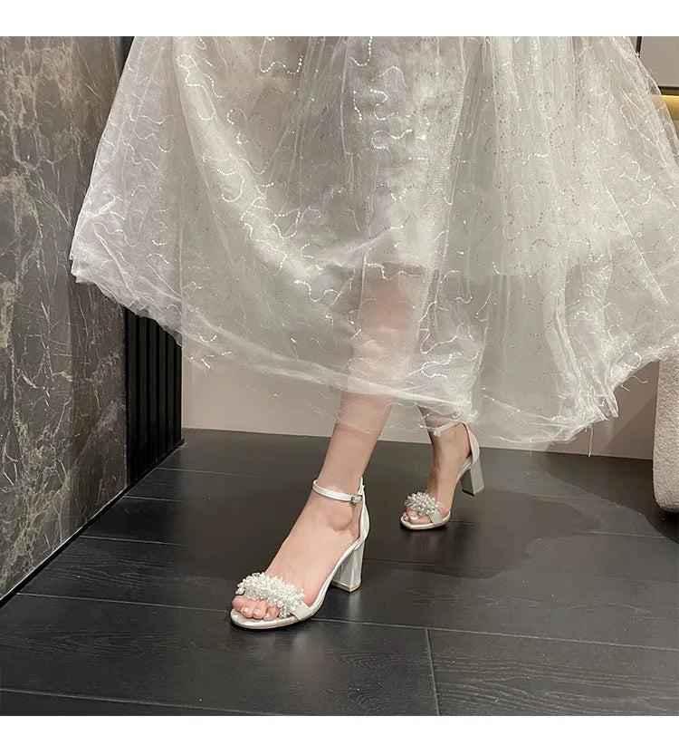 2025 New Style Thick Heel Line With Round Head Large Size Sandals Pearl Buckle High Heel White Bridal Wedding Shoes For Female