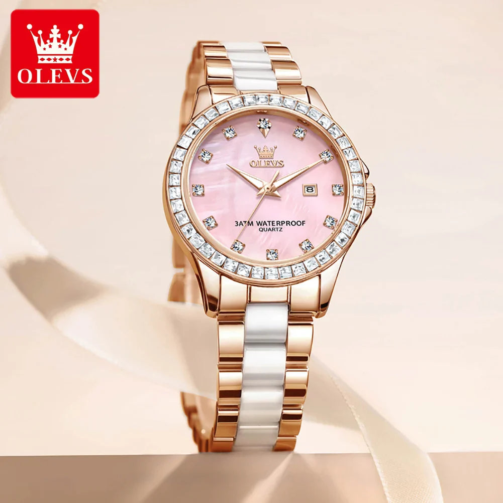 OLEVS New Luxury Ceramic Strap Quartz Watch Women Elegant Diamond Bezel Ladies Wristwatch Waterproof Date Watches Womens Reloj