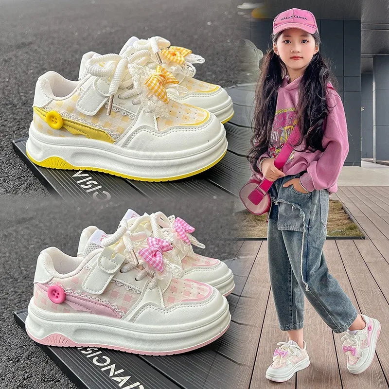 2025 Autumn Girls Casual Shoes Bowknot Sweet Kids Sports Shoes Soft Bottom New Children Running Shoes Non-slip Princess Sneakers