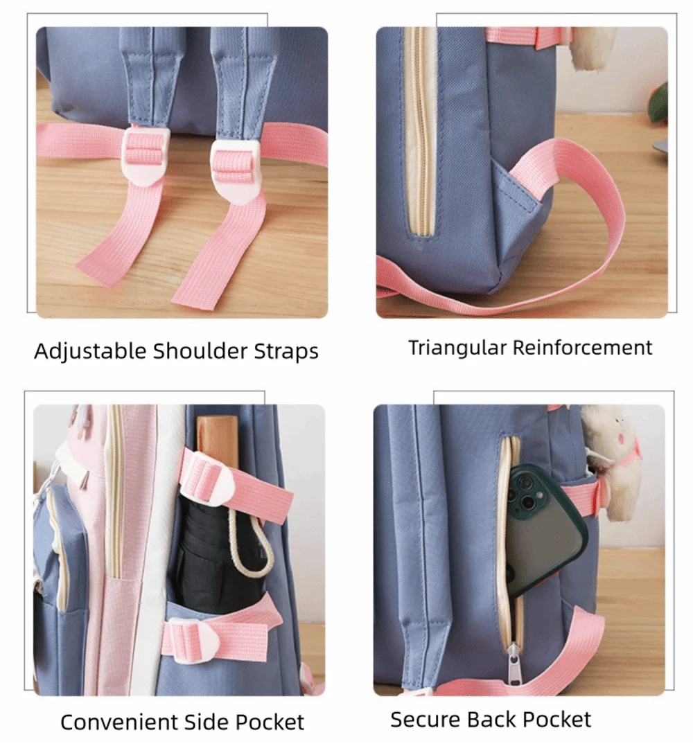 5 Pcs Cute Large Capacity Backpack Set Multifunctional Breathable Student Schoolbag Buckle Coin Purse School