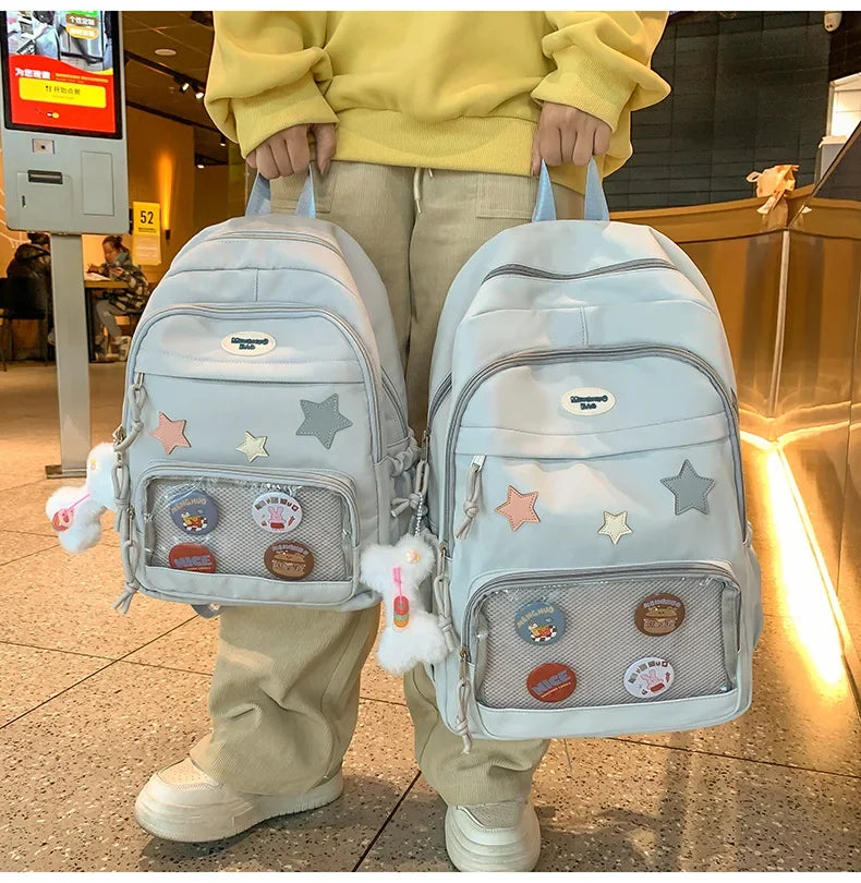 Casual Transparent Badge Large Capacity Commuter Backpack Suitable for Middle School Students Cute School Style Double Shoulder