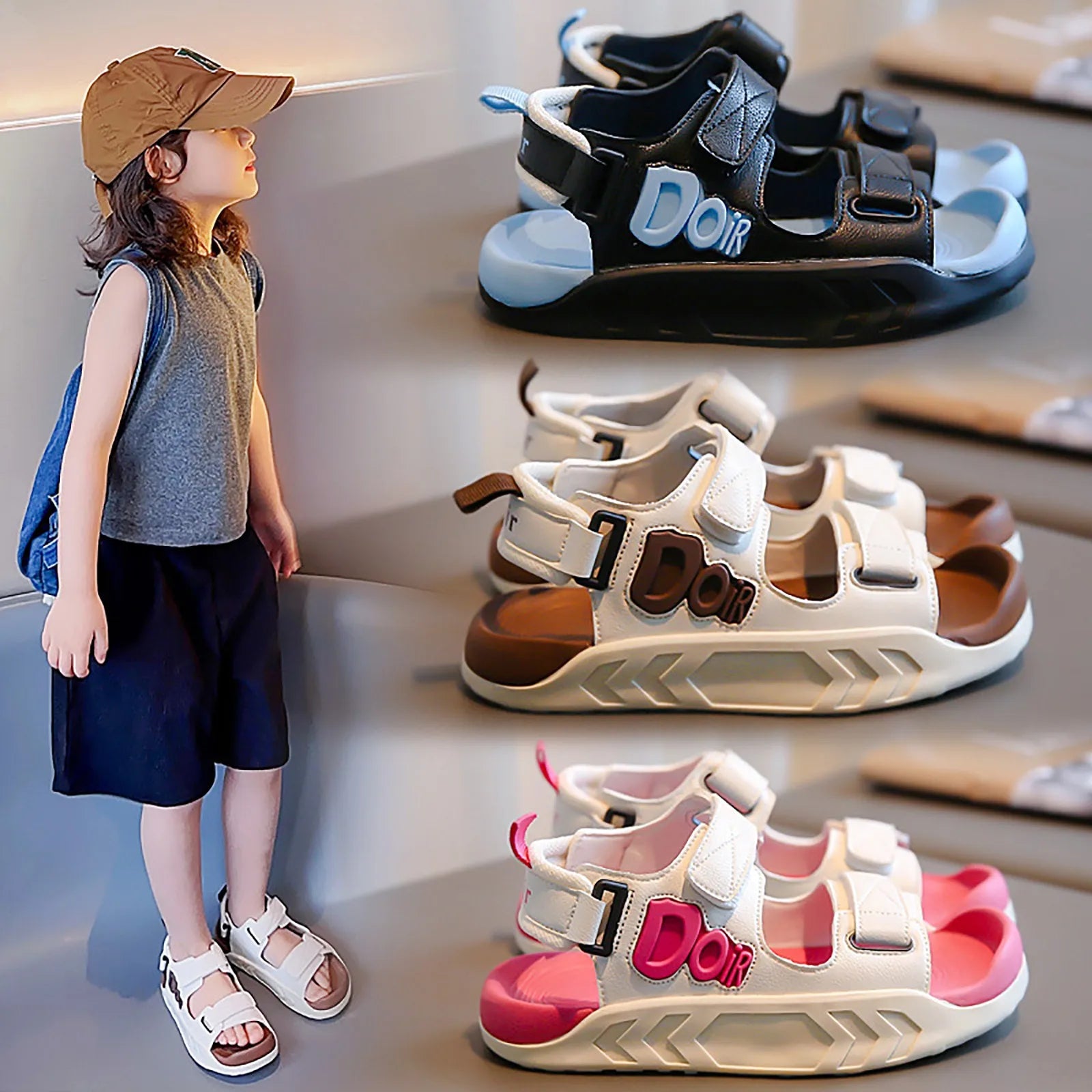Children Sports Sandals Double Hook And Loop Strap Adjustable Sandals Open Toe Breathable Beach Shoes Soft Sole Non-Slip Sandals