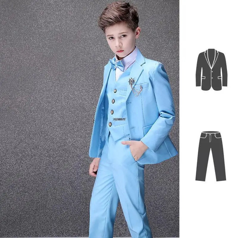 Flower Boys Blue Wedding Suit Kids Party Photograph Suit Teenager Birthday Tuxedo Dress Children Graduation Stage Show Costume