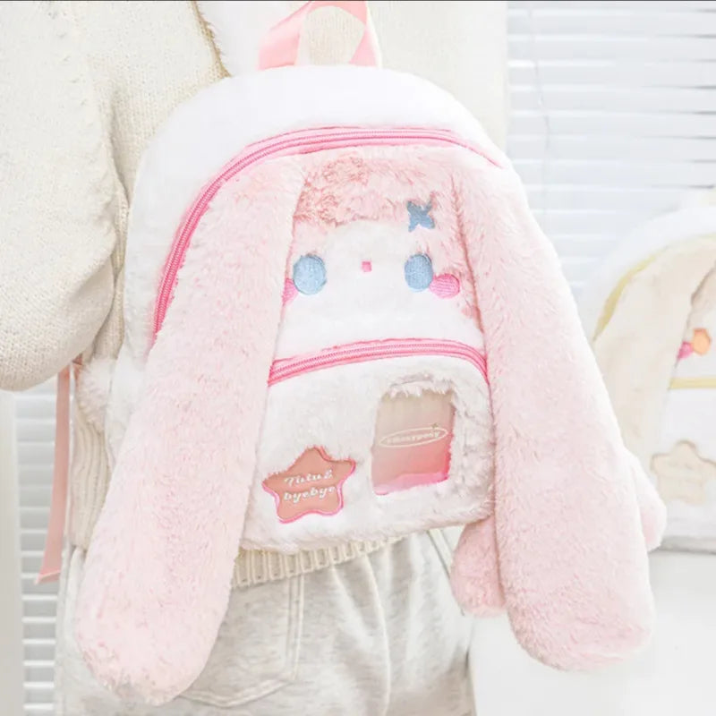 Kawaii Rabbit Ears Double Shoulder Bag Large Capacity Travel Backpack For Girls Cute Cartoon Rabbit Design Ideal Festival Gift