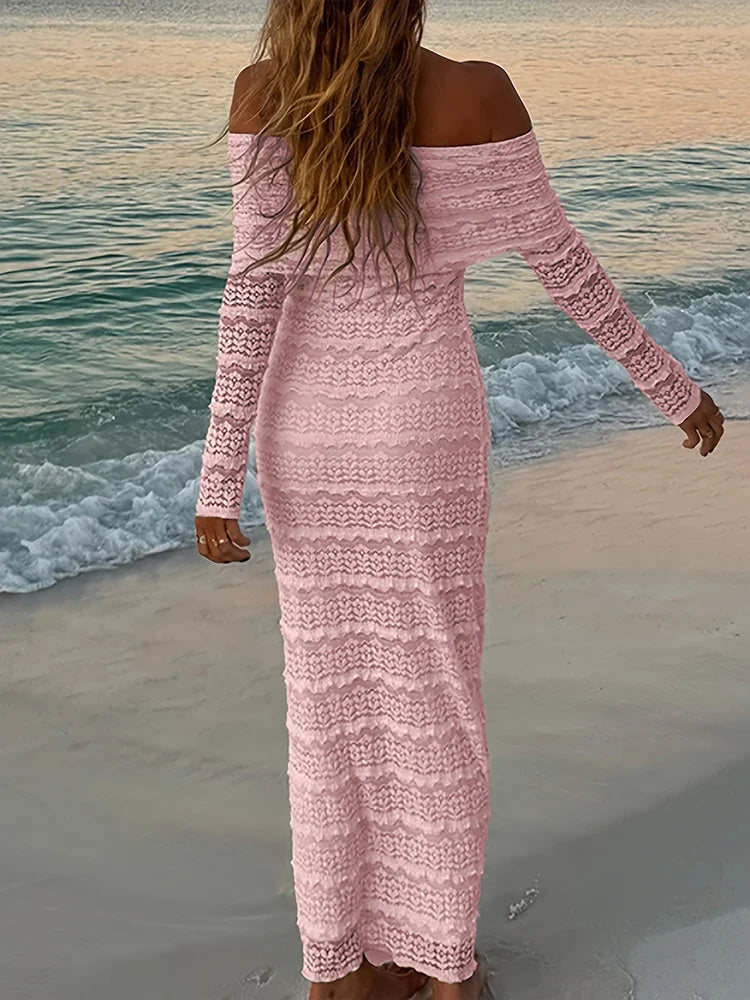 Cutenew Slash Neck Dress Women Sexy See Through Lapel Backless Full Sleeve Vacation Beach Party Elegant Skinny Maxi Vestidos