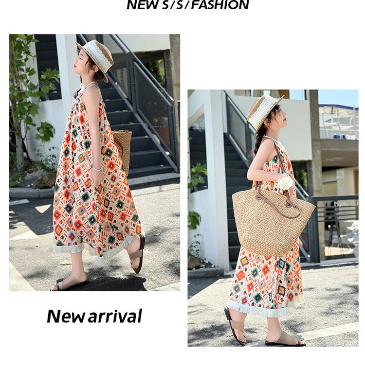 Girls' Summer Dress 2025 New Design for Children, Girls' Beach Bohemian Princess Dress for Older Kids.