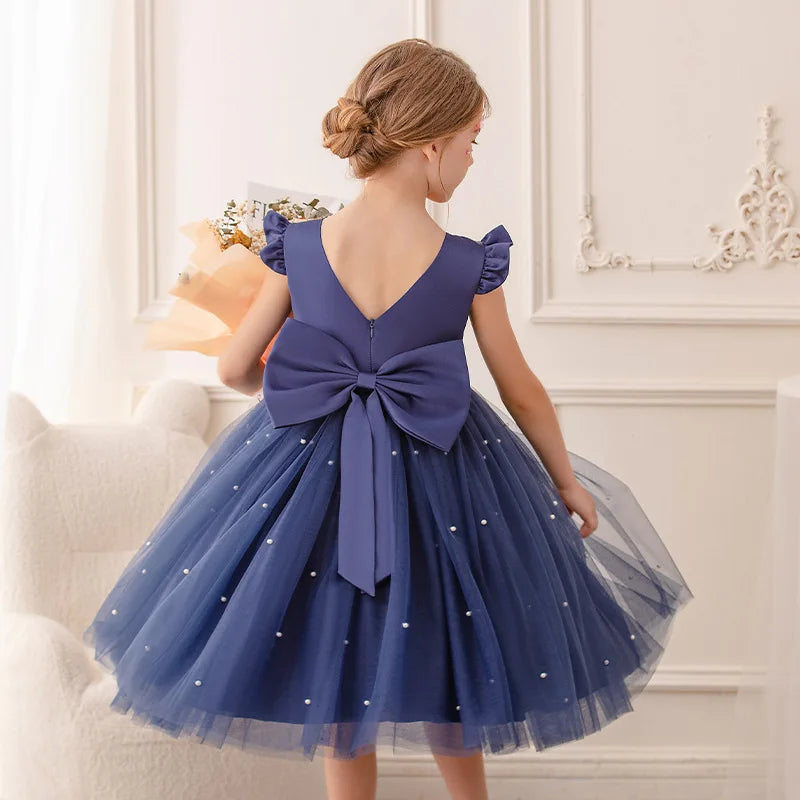 Baby Girl Party Dress Back Bow Elegant Flying Sleeve Mesh Tutu Dress with Pearl Solid Flower Girl Wedding Dress Birthday Gowns