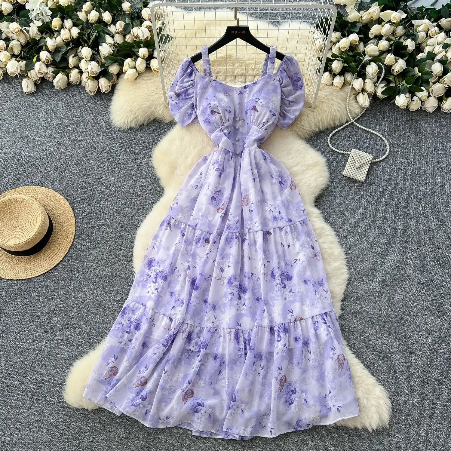 Summer 2025 French Style New Fashion Women's Elegant Trendy Printed Short Puff Sleeve Ankle Length Slim Dresses Female Clothes