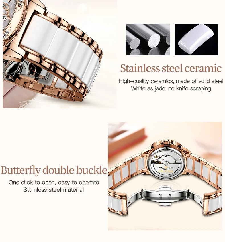OLEVS Ladies Watch Woman Luxury Fashion Waterproof Watch for Women Watches Ceramic Automatic Mechanical Clock Gift Relogio