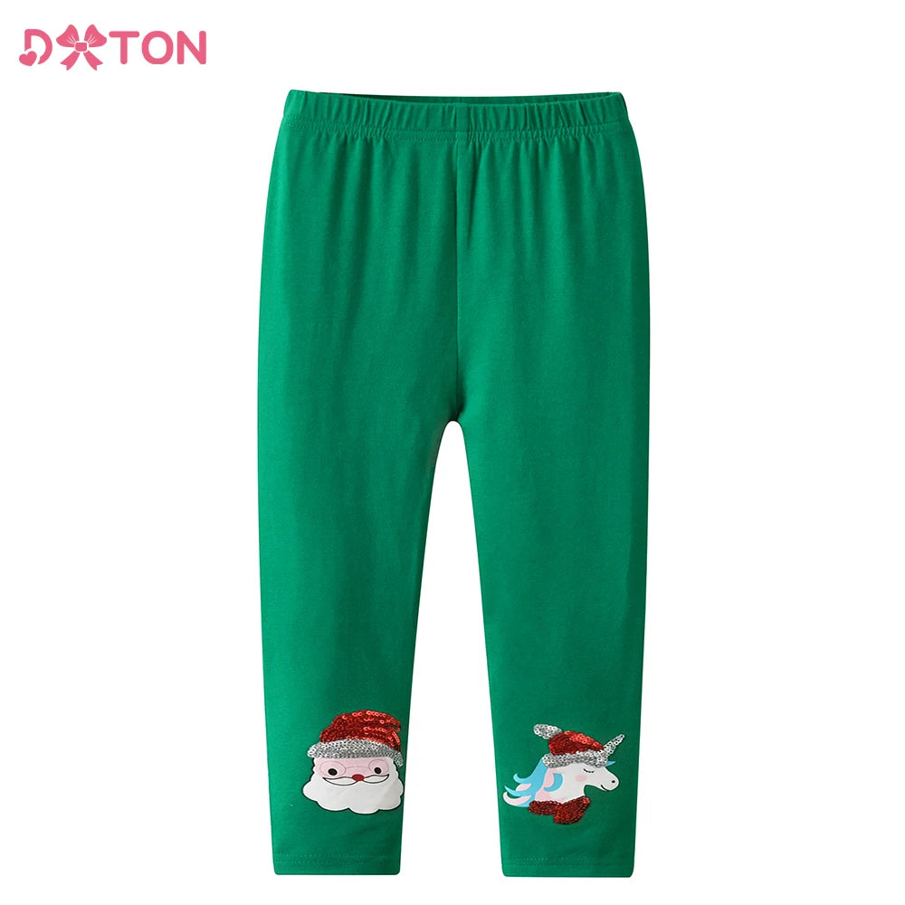 DXTON Toddler Cotton Leggings Baby Girls Pencil Pants Four Seasons Green Solid Christmas Man Applique Girls Skinny Trousers