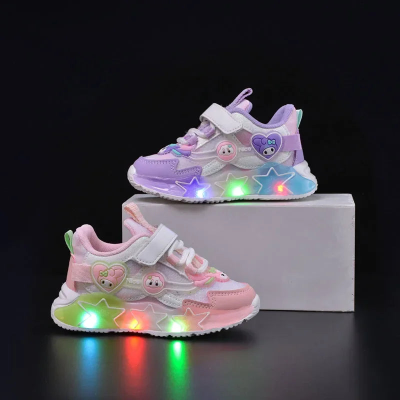 Sanrio Kuromi My Melody Childrens Led Light Sneakers Kawaii Cartoon Fashion Girls Casual Shoes Kids Antislip Sports Running Shoe