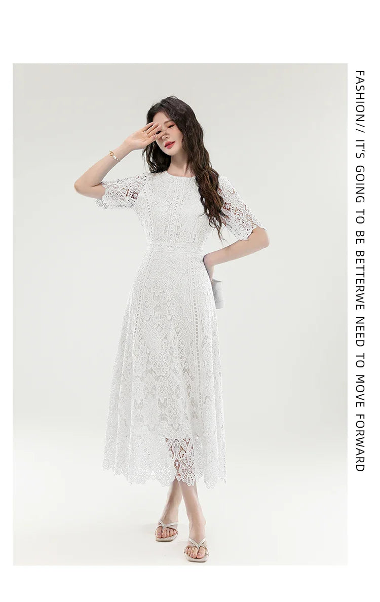 High Quality Lace Hollow Out Women Long Elegant Office Dress Summer French Chic Casual Vintage Purple Short Sleeve A-line Dress