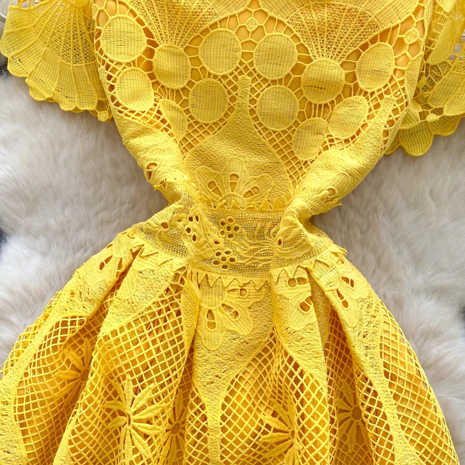 France Elegant Fashion Slim Evening Dress Women Hollow Out Lace Crochet Party Dress Female Casual Chic High End Clothing New