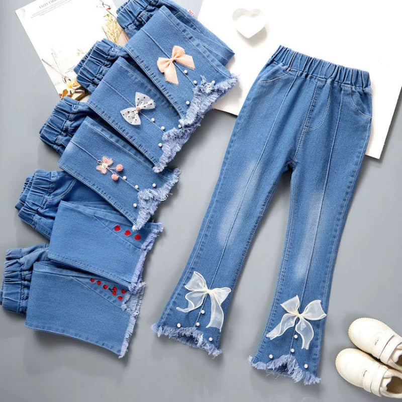 Girls Blue Jeans for Children's Fashion Clothing Princess Kids Denim Wide-leg Pants Baby Teens Girl Flared Bow Applique Trousers