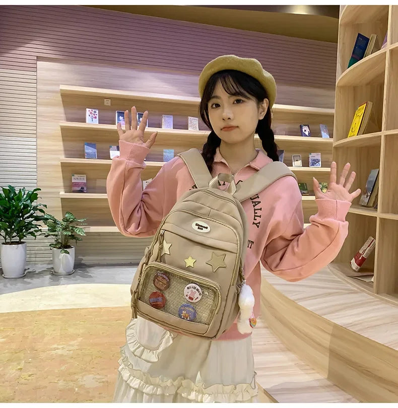 Casual Transparent Badge Large Capacity Commuter Backpack Suitable for Middle School Students Cute School Style Double Shoulder