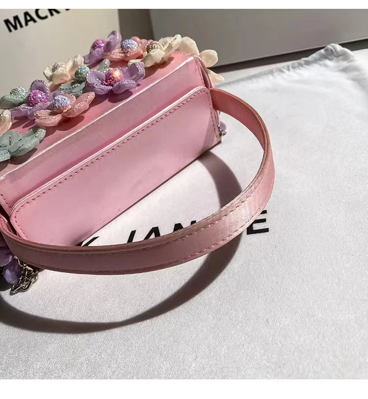 Luxury Satin Appliques Floral Square Bag Women's Handbag Fashion Evening Bag Wedding Party Clutch Purse Shoulder Crossbody Bag