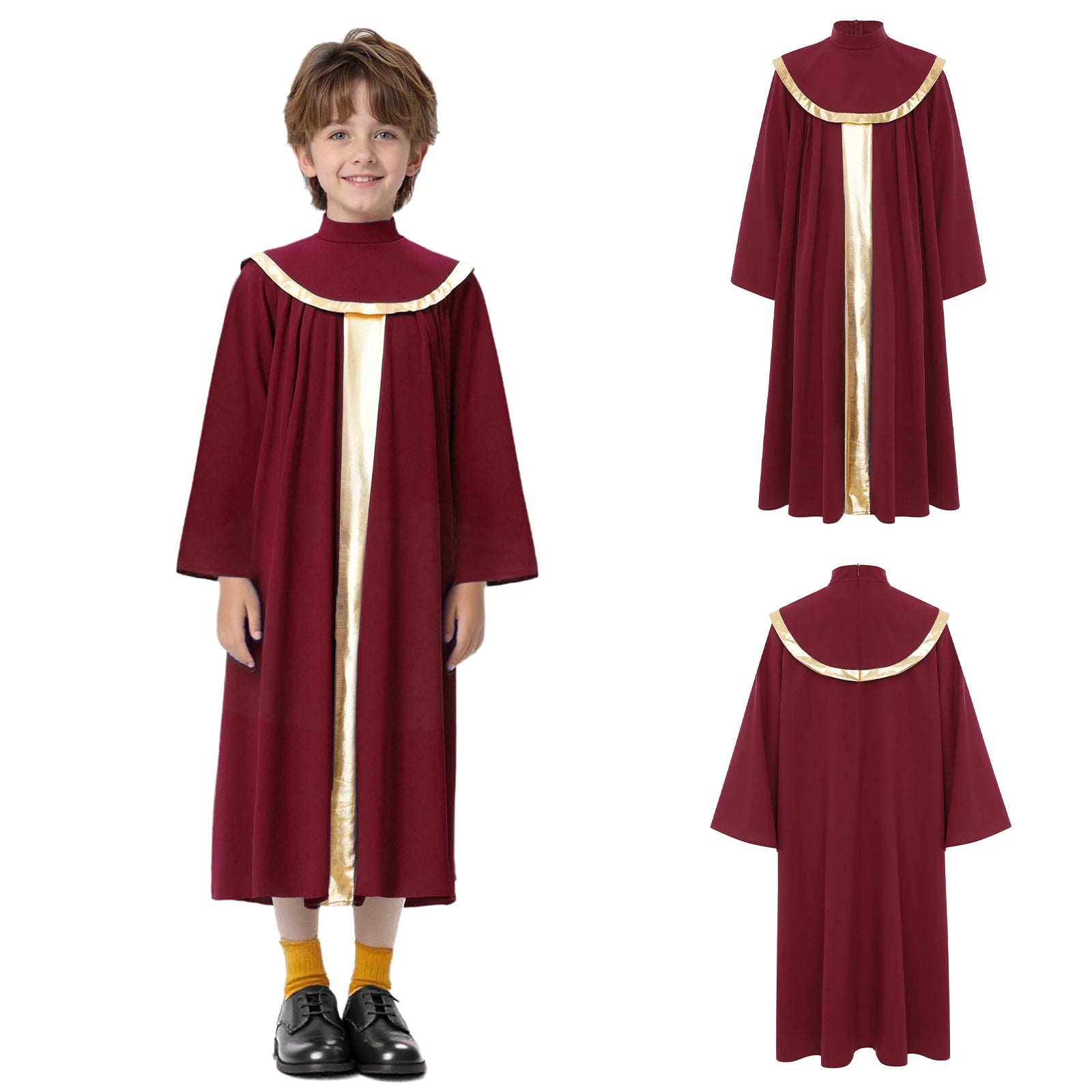 Boys Girls Choir Robe Liturgical Worship Praise Dance Costume Long Sleeve Metallic Color Block Patchwork Pleated Dress Grown