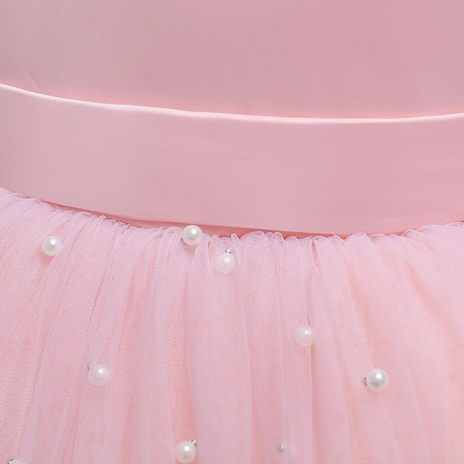 Baby Girl Party Dress Back Bow Elegant Flying Sleeve Mesh Tutu Dress with Pearl Solid Flower Girl Wedding Dress Birthday Gowns
