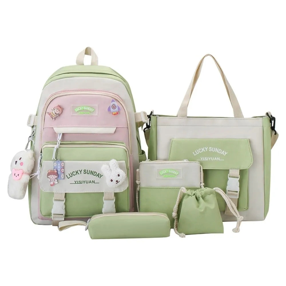 5 Pcs Cute Large Capacity Backpack Set Multifunctional Breathable Student Schoolbag Buckle Coin Purse School